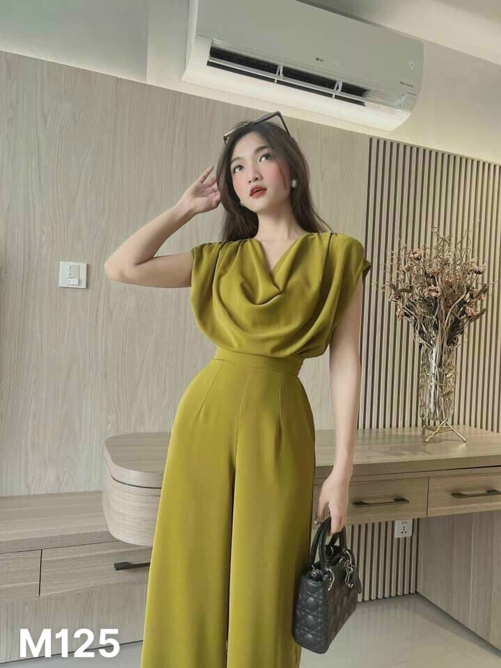 Jumpsuit nữ sát nách vải lụa cổ đổ dáng dài trơn M125