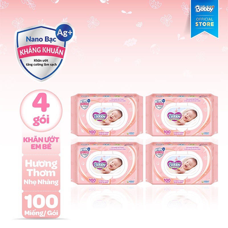 [HÀNG CÔNG TY] Bộ 4 gói Khăn ướt Bobby Care 100 tờ/gói