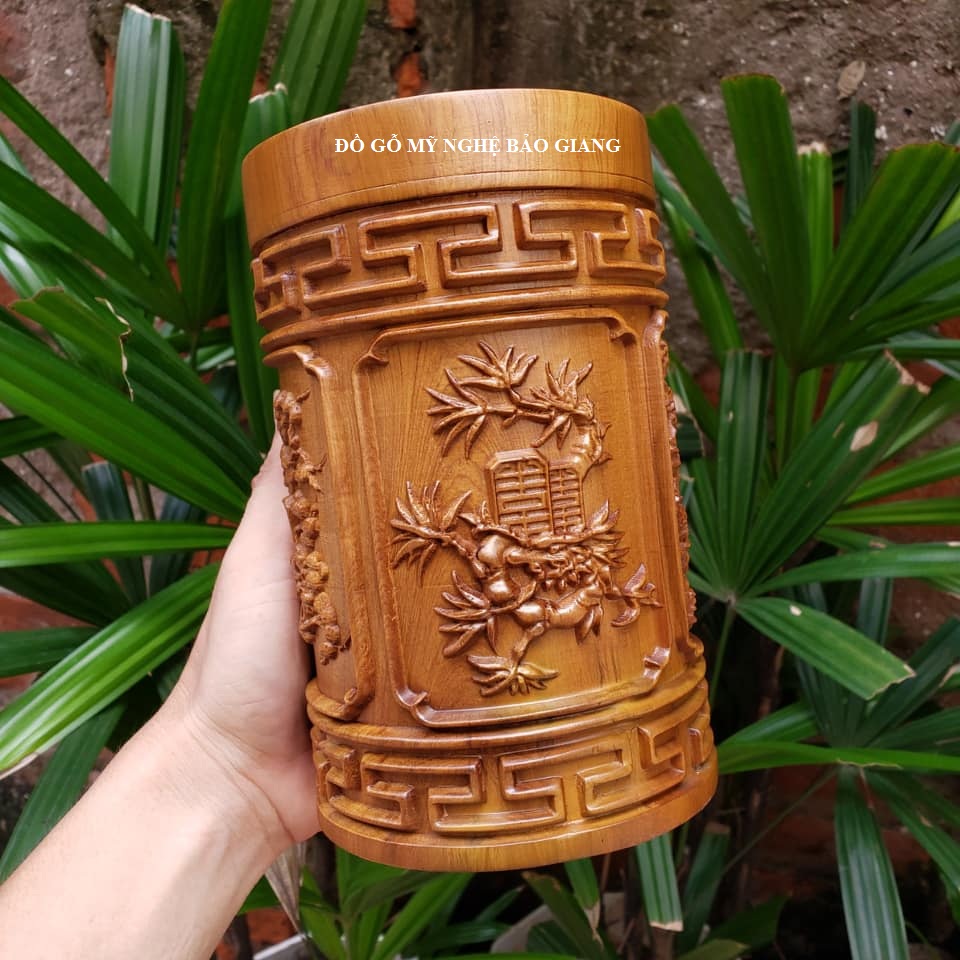 Hộp chè hộp trà gỗ bách xanh đục tứ quý