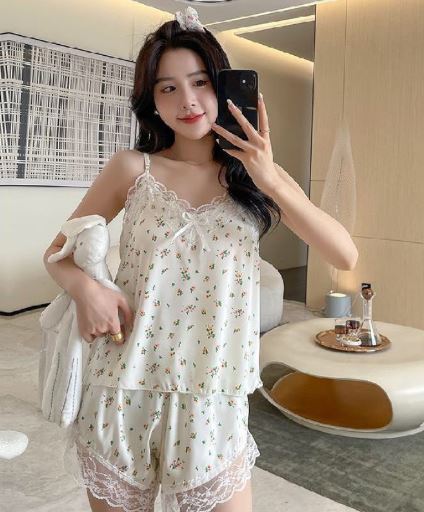 Hàng Quảng châu đẹp - Bộ ngủ 2 dây lụa phối ren cao cấp