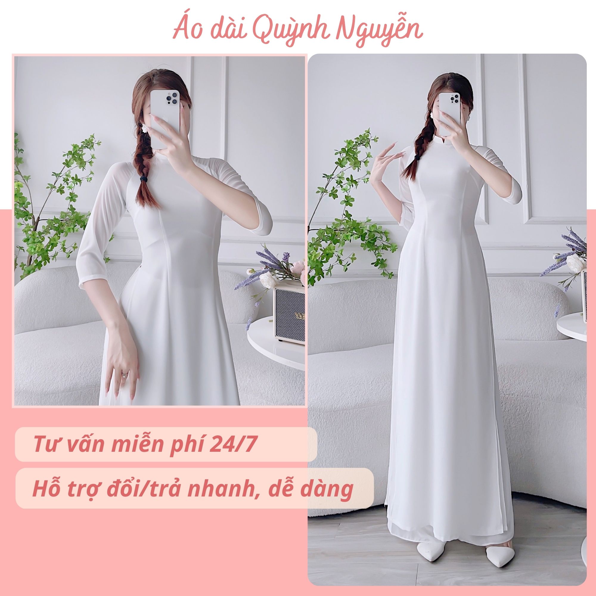 Áo dài trắng, áo dài học sinh lụa chi phông 4 tà áo dài truyền thống MÃ T24