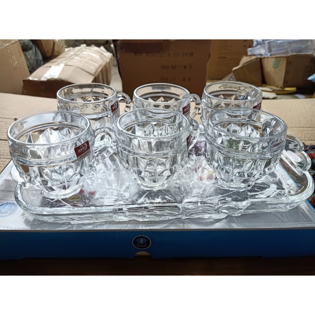Bộ bình ly cốc thủy tinh kèm khay trắng