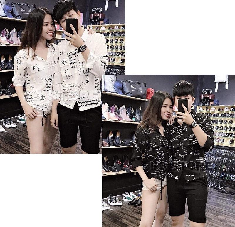 ÁO SƠ MI NAM NỮ KATE LỤA IN HỌA TIẾT CHỮ CÁ TÍNH