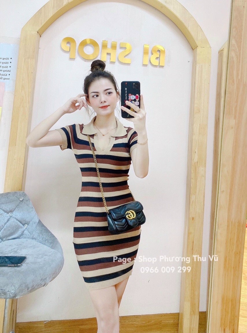 Váy len polo body kẻ ngang