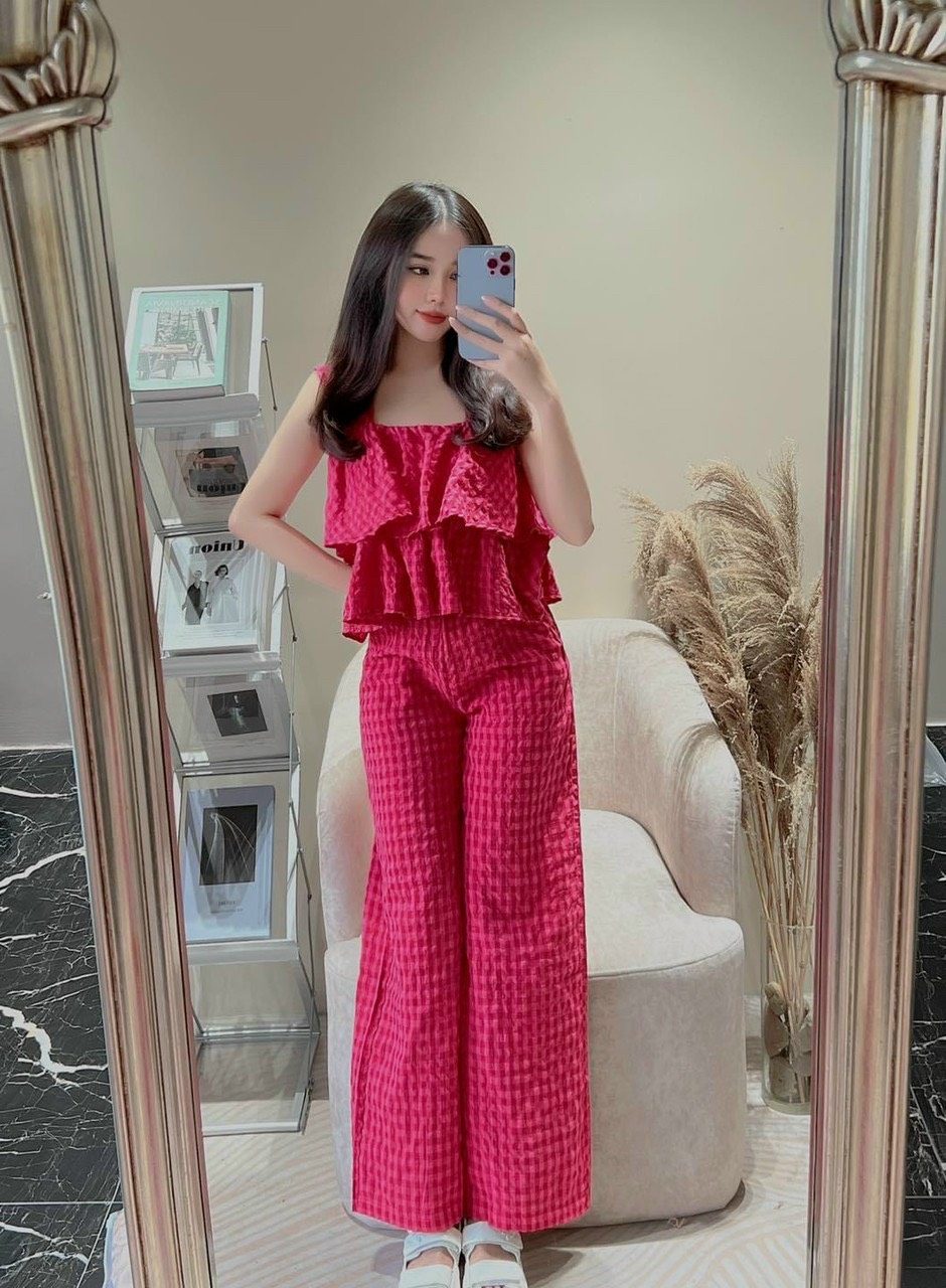 Set bộ kate xốp áo 2 dây mix quần ống rộng