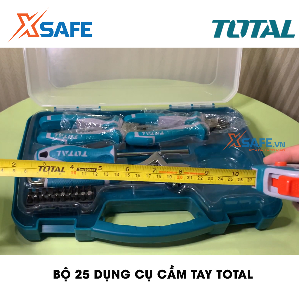 Bộ 25 công cụ dụng cụ cầm tay TOTAL THKTHP90256 phù hợp cho kỹ thuật, công trình, dân dụng.1 cái kiềm kết hợp 7", 1 kiềm cắt chéo 6" , 1 vặn có thể điều chỉnh 8", 1 thước dây,1 chuôi có nam châm 100mm. 20 đầu vít