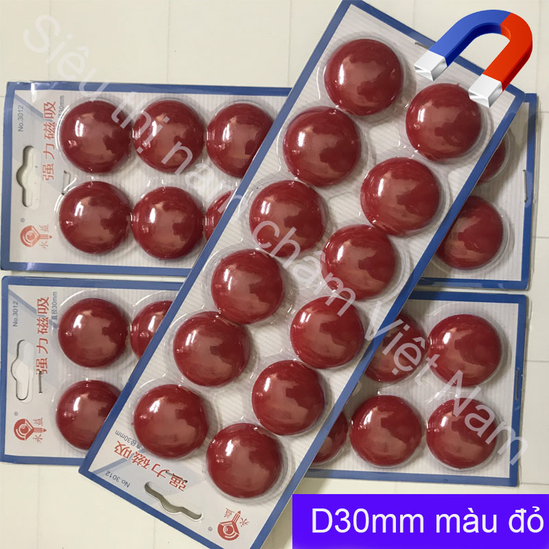 Vỉ 12 nam châm đính bảng màu đỏ kích thước 30mm, nam châm dễ dùng tiện dụng