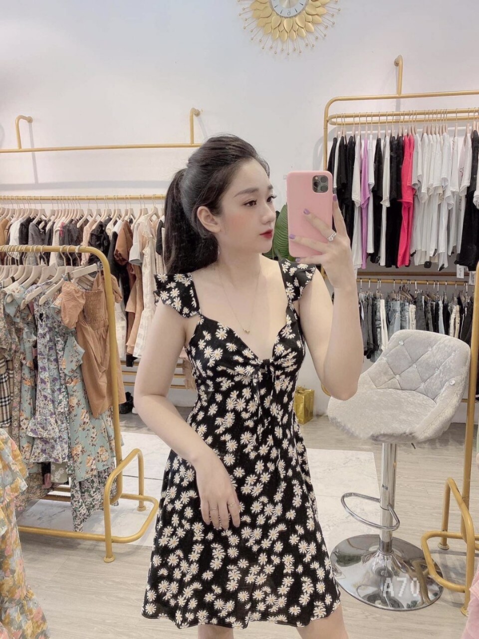 Đầm bèo nơ ngực hoa cúc-ZU