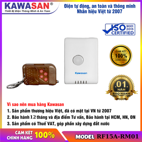 Công tắc điều khiển từ xa, công suất tải 750w, khoảng cách 100-300m (tùy môi trường sóng), 220V, Kawasan RF15A-RM01B