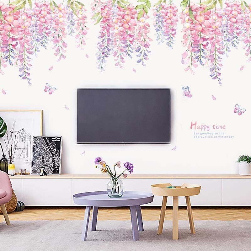 Decal dán tường tán hoa và chân cỏ lau hồng( tranh ghép)