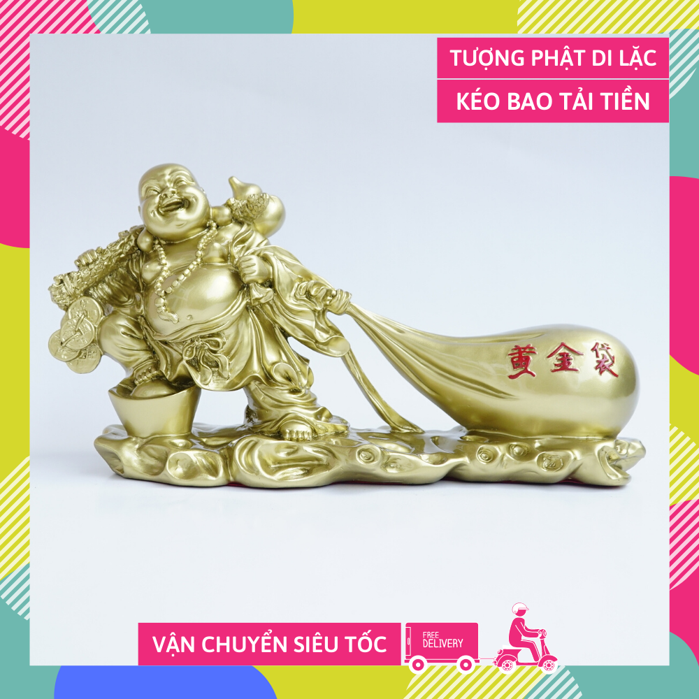 Tượng Phật Di Lặc kéo bao tải tiền mạ đồng cầu tài lộc đúc lớn - Dài 30cm. Ý nghĩa:Mang lại may mắn được phù hộ bình an cho gia đình cầu tài lộc
