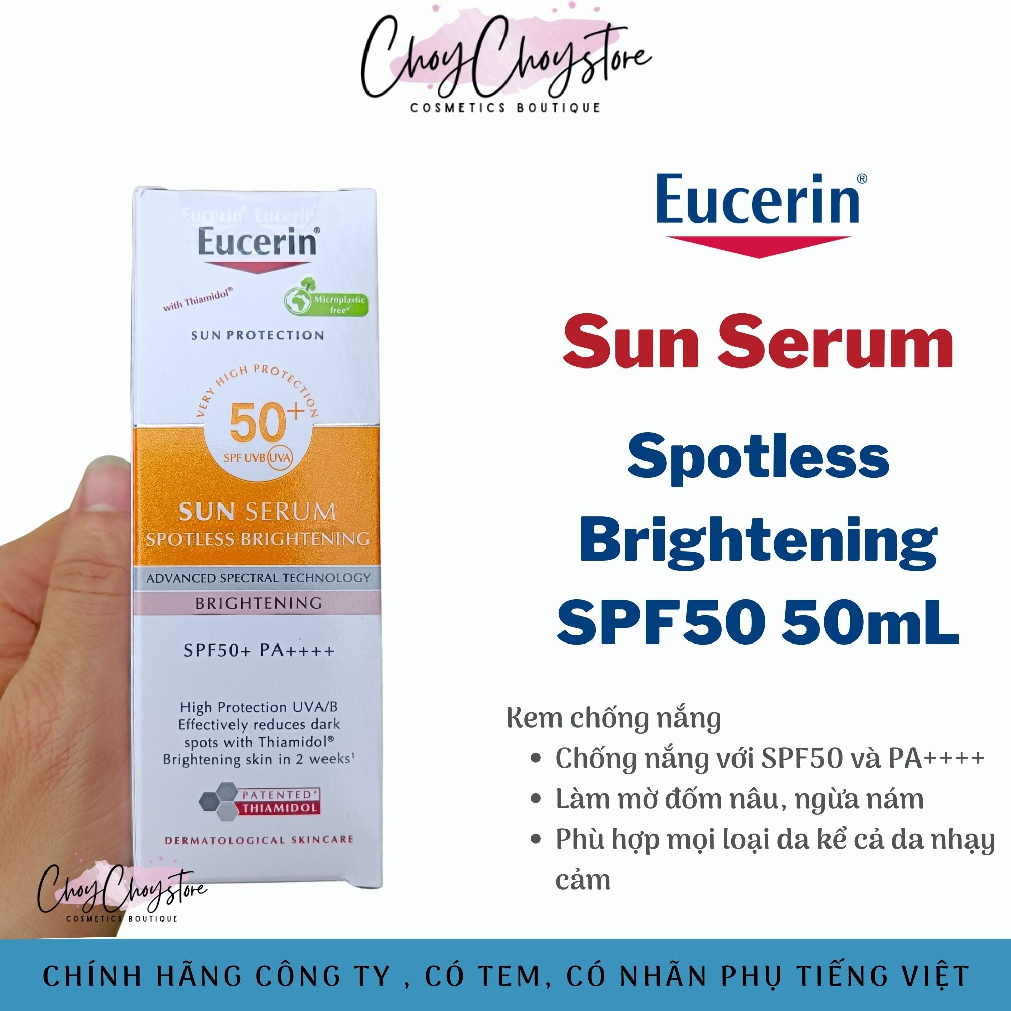 Kem Chống Nắng Eucerin Sun Serum Spotless Brightening 50mL Dưỡng Sáng Da, Bảo Vệ Da, Ngừa Nám Với SPF50
