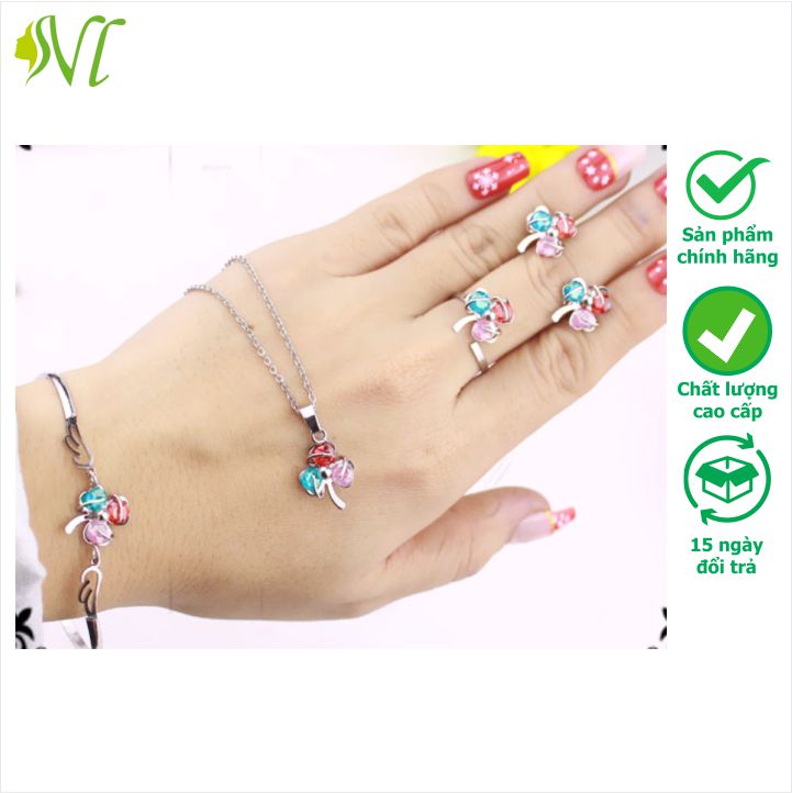 Bộ trang sức nữ nguyên set cỏ 3 lá may mắn đính đá sáng đẹp bộ trang sức dự tiệc titan không đen không gỉ xài nước tốt Người Đẹp Vì Lụa