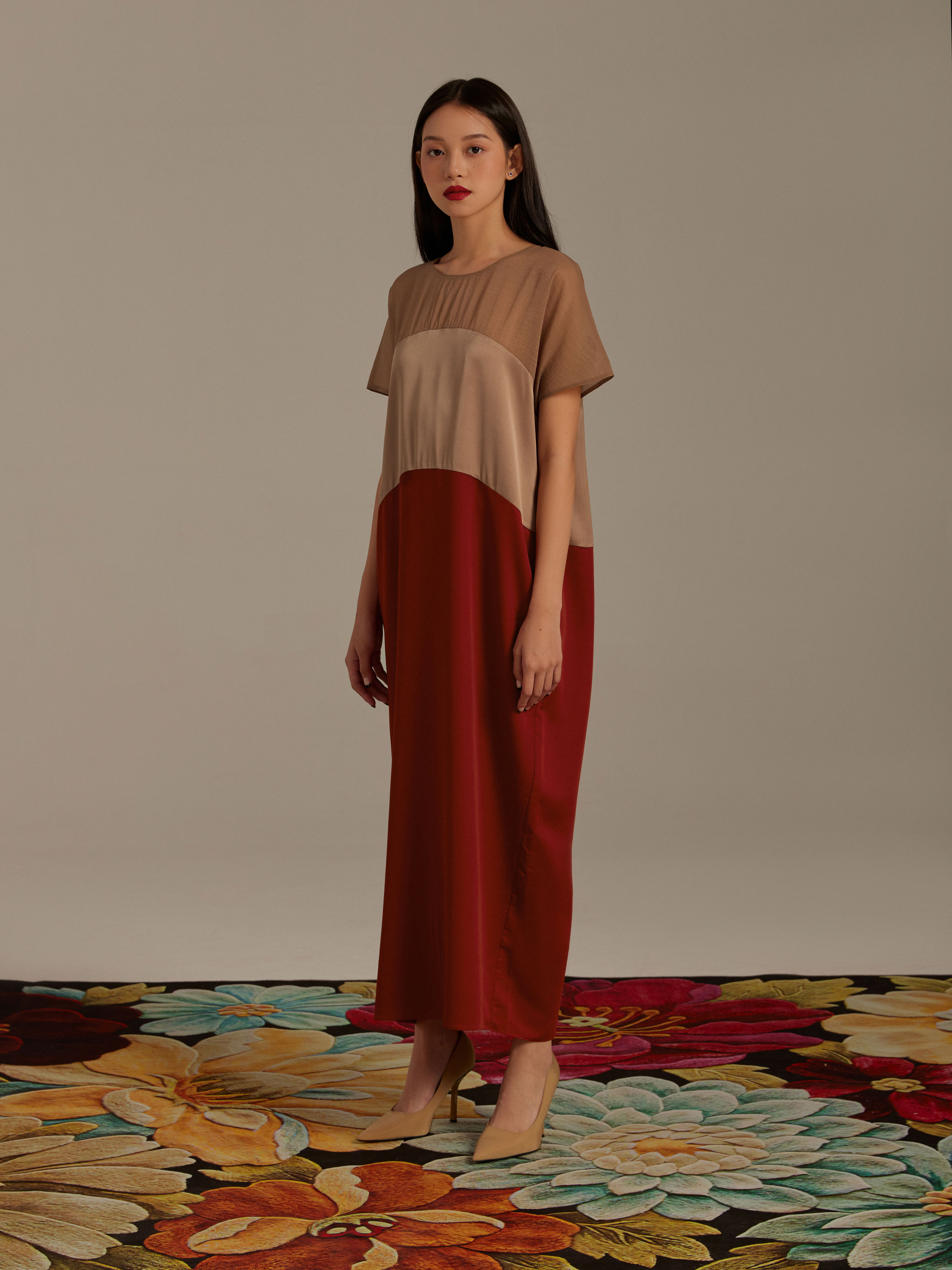 Đầm lụa phối ba màu Mauve Indochine dress