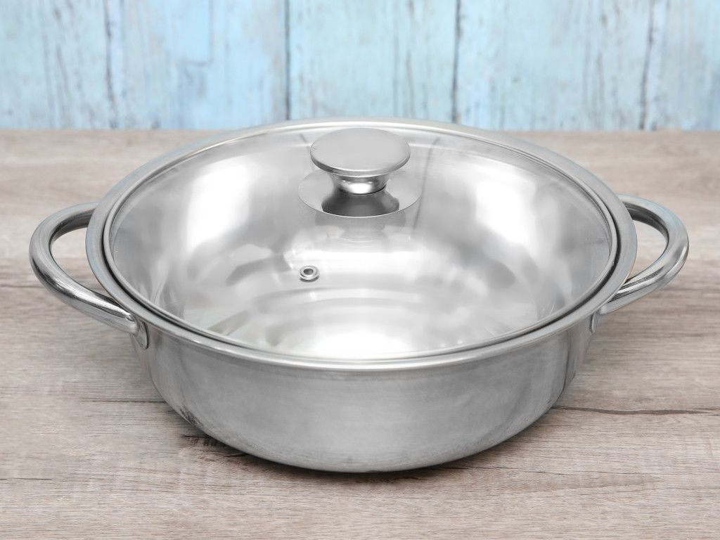 Chảo lẩu inox nắp kính 26cm 1 đáy dùng được bếp từ- nồi lẫu 26cm