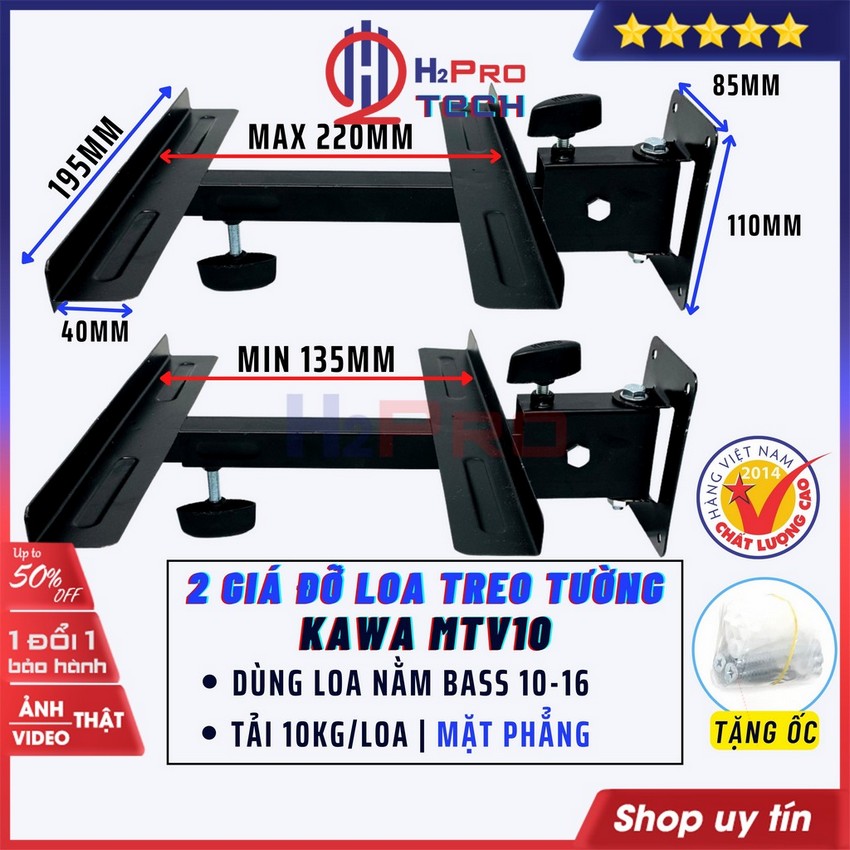 Đôi Giá Đỡ Loa Treo Tường, Giá Để Loa Treo Tường KAWA MTV10 Cao Cấp, Chịu Tải 10kg/chiếc, Phù Hợp Bass 16 Đổ Lại - H2pro Tech