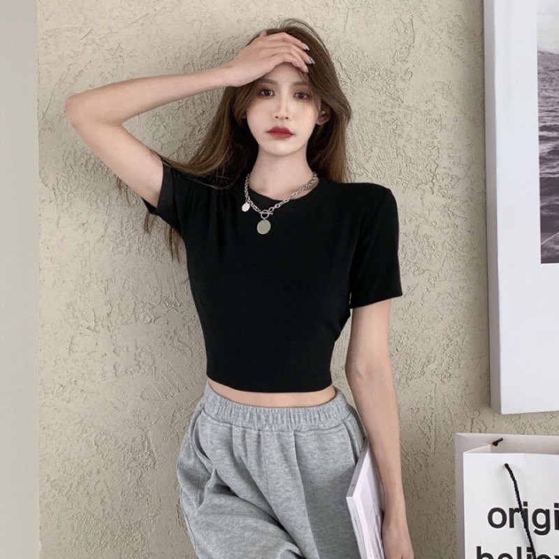 Áo thun cổ tròn tay ngắn croptop dáng ôm