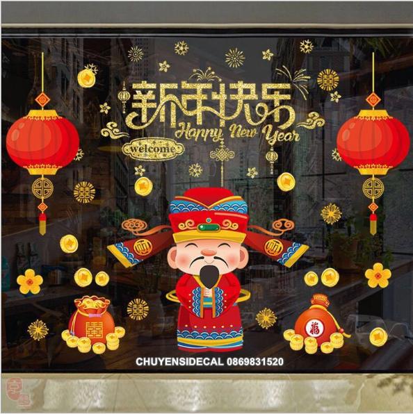 [HCM]COMBO DECAL DÁN TẾT - 2020 phối Rèm lồng đèn đỏ ( 2 tấm )
