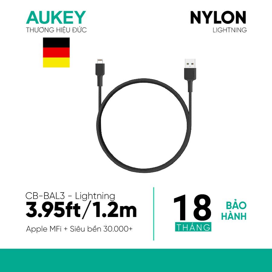 Cáp sạc nhanh cho Iphone hiệu AUKEY CB-BAL3, Nilon, MFI, dài 1.2m