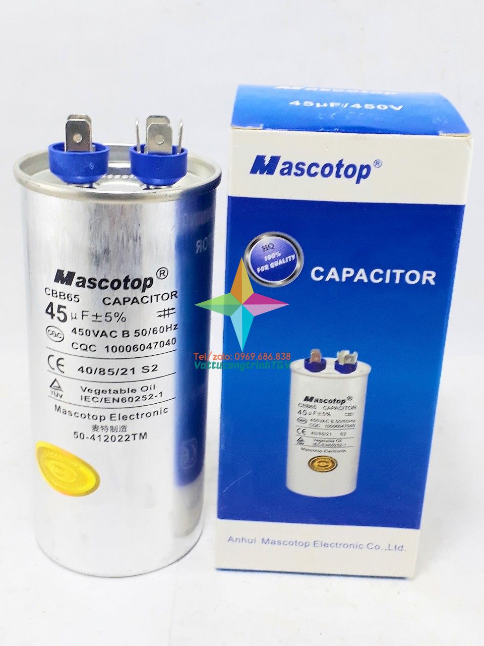 Tụ điều hòa MASCOTOP kiểu CBB65 loại 45uF+5% - Tụ 2 chân/ 3 chân