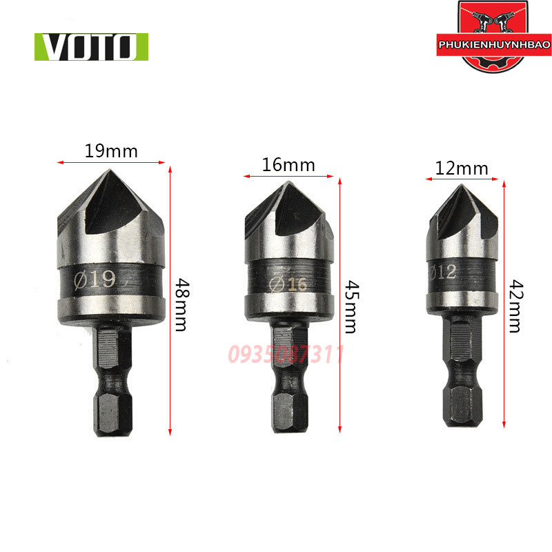 Bộ 3 Mũi Doa Âm Miệng Lỗ Bắt Âm Vít 12-16-19mm 3 Lưỡi Phay Chuôi Lục Giác VOTO