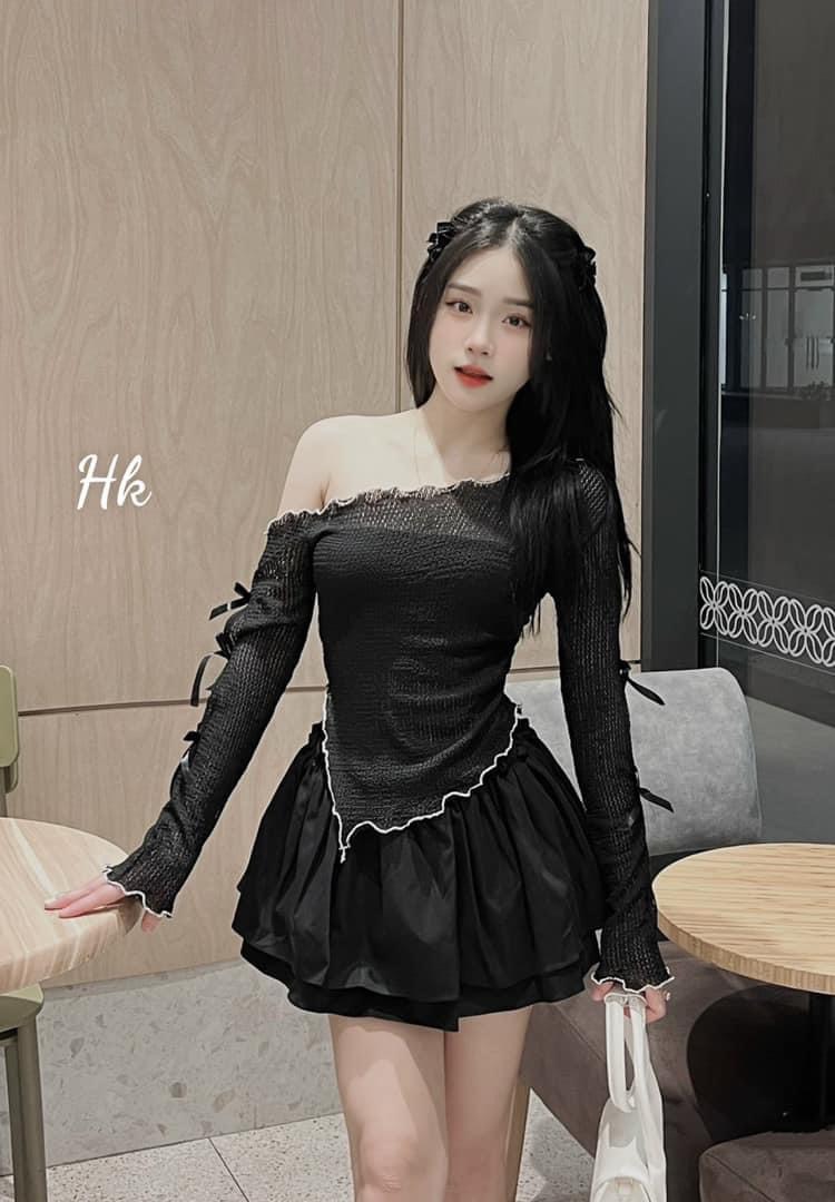 Set váy, set bộ đi chơi, áo thun len cổ lệch tay dài đính nơ kèm chân váy xòe tầng chữ a xinh xắn, duyên dáng