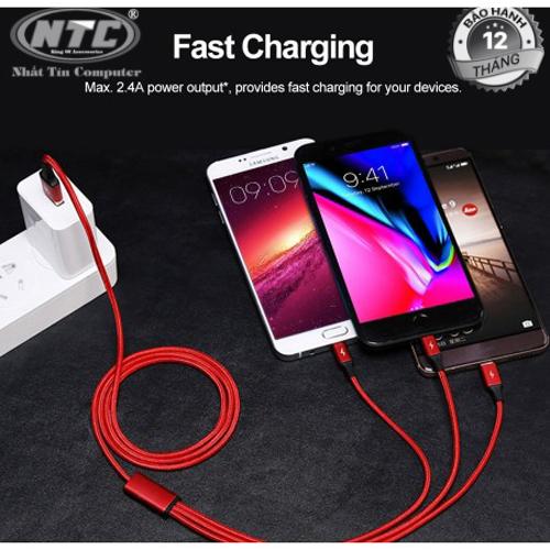 Cáp sạc 3 đầu microUSB/Lightning/Type-C Unitek C4049RD dài 1.2m - bọc dù chống đứt (Đỏ) - Nhất Tín Computer