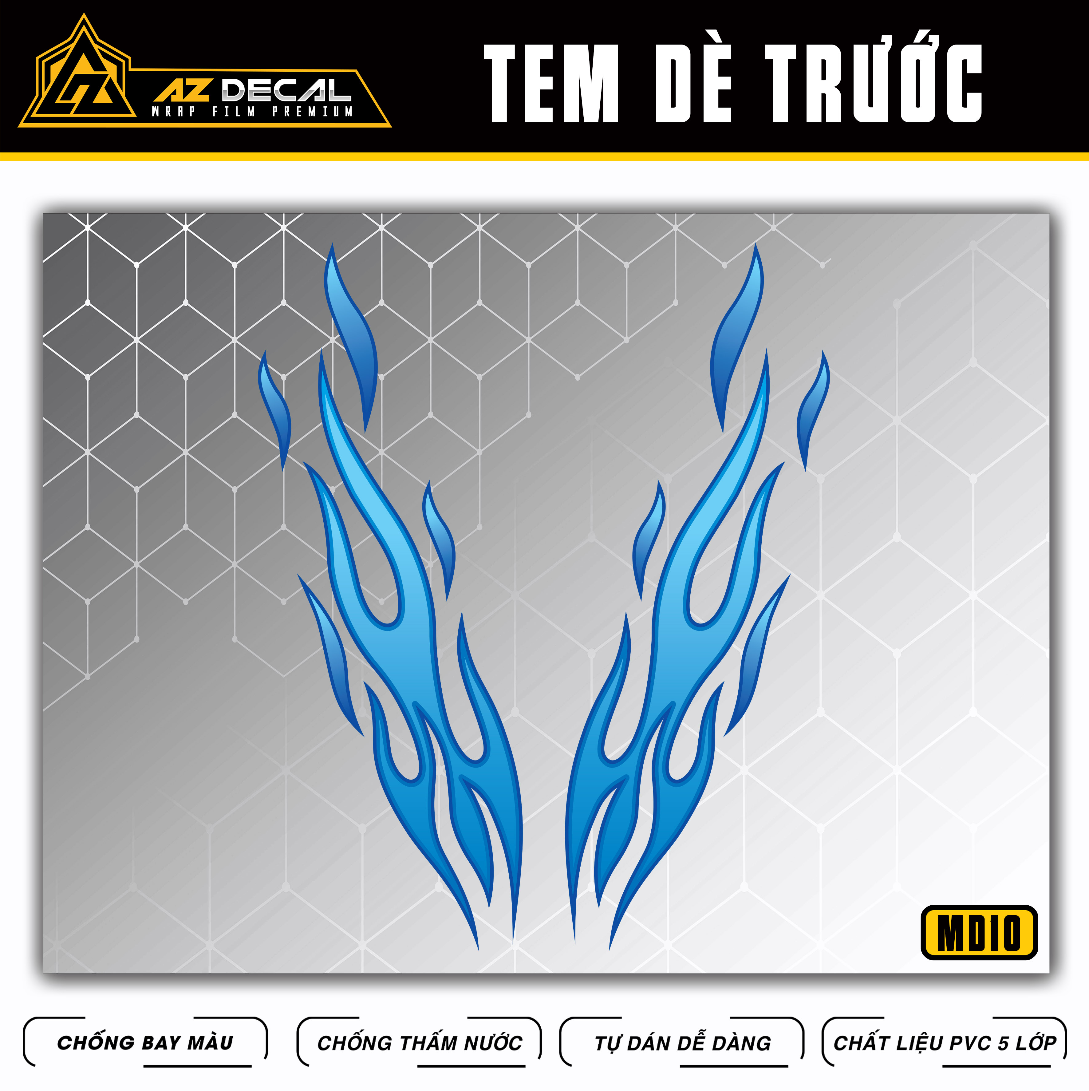 Tem Dán Dè Xe, Dán Chắn Bùn Mẫu Ngọn Lửa | MD10 | Decal Dán Mỏ Dè Chất Liệu PVC & Phản Quang Chống Nước, Bền Màu - Azdecal