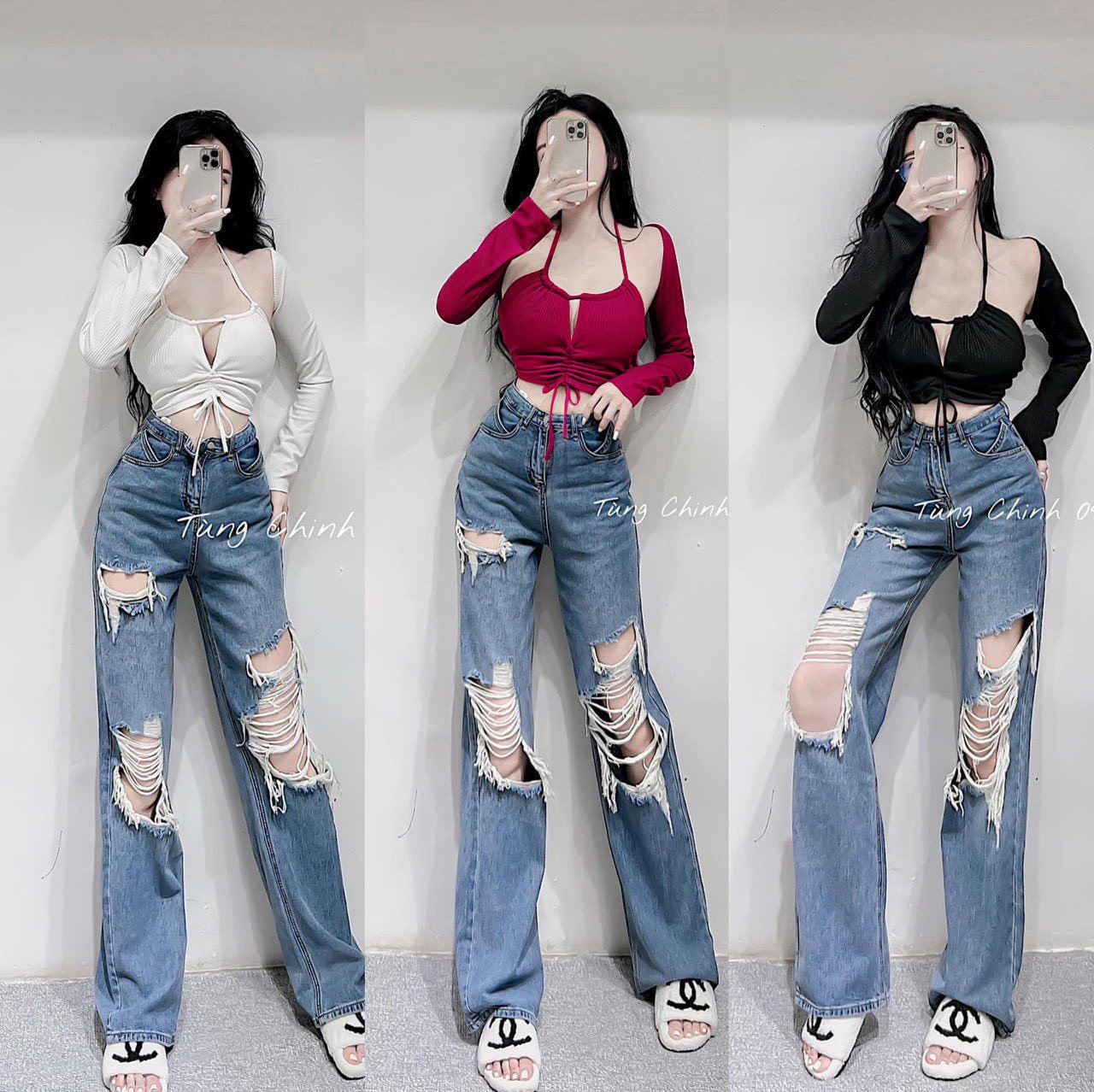 Áo kiểu yếm luồn dây rút giữa croptop phối áo tay dài cực xinh , chất thun gân dày dặn