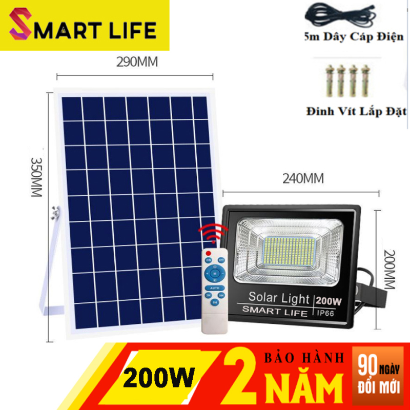Đèn LED Năng Lượng Mặt Trời SMART LIFE 200w Cảm Biến Ánh Sáng tự động bật sáng khi trời tối, và tắt đèn khi trời sáng