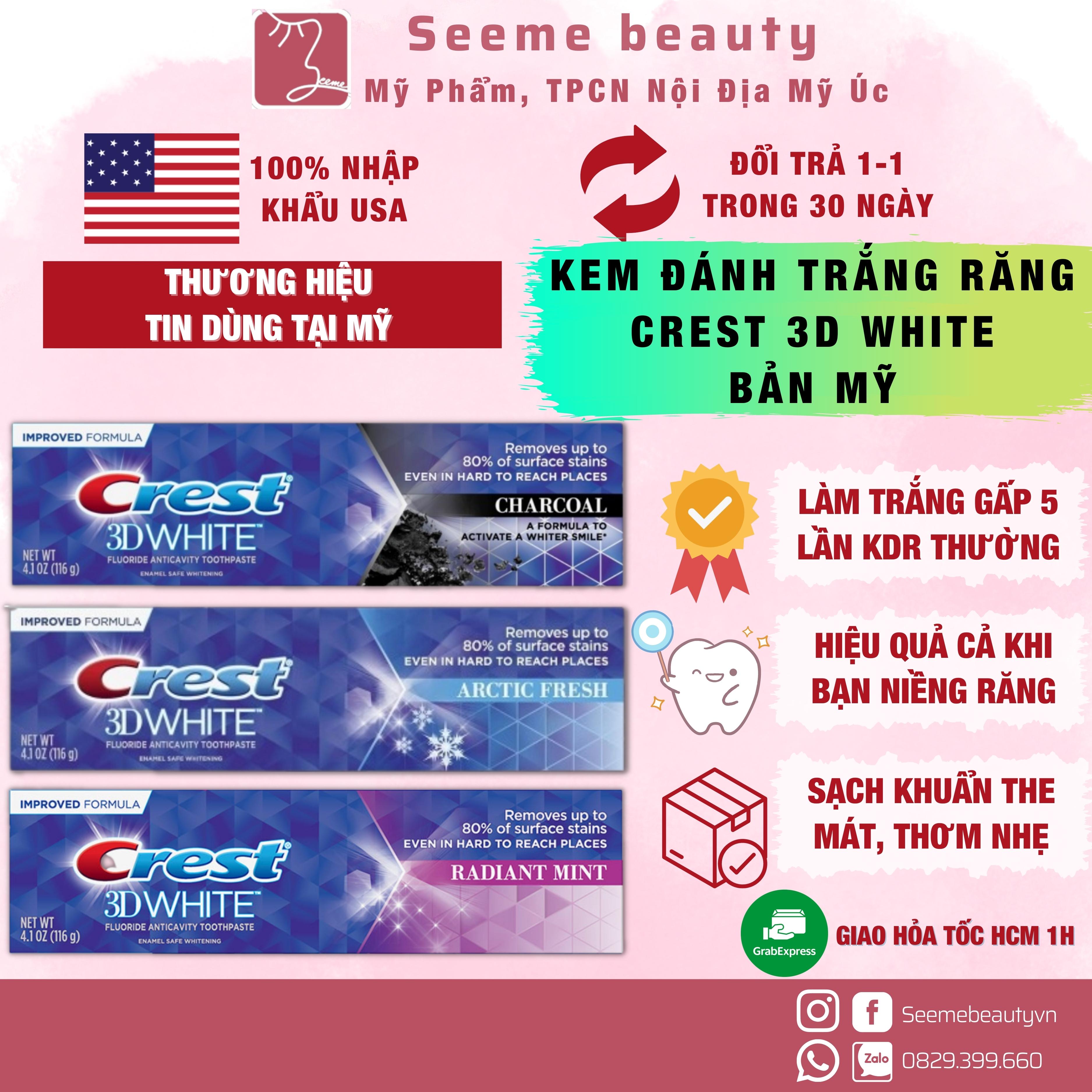 [HOÀN TIỀN 15%] [HÀNG MỸ, DATE 2024] Kem Đánh Răng Crest 3D White Radiant Mint / Arctic Fresh / Fresh Mint [Seeme beauty]-BF-010
