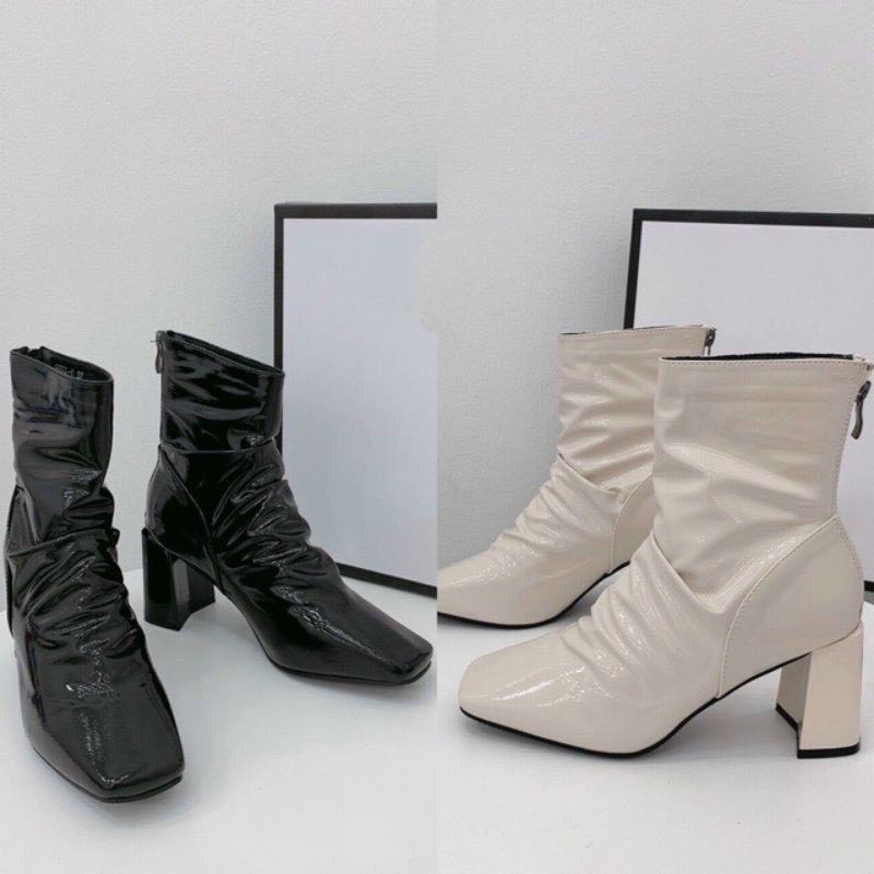 Boots nhăn đế trụ da bóng thời trang nữ