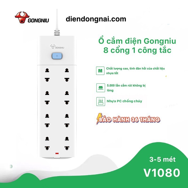 Ổ cắm điện Gongniu 8 ổ 1 công tắc - 2500W 10A (V1080) 3 Mét - Chính Hãng giá rẻ