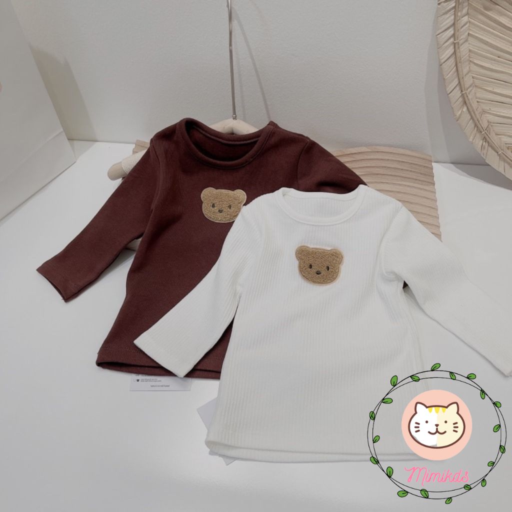 Áo dài tay đính gấu chất cotton cho bé trai , bé gái 2 màu trắng và nâu cho bé Mimikids QA32