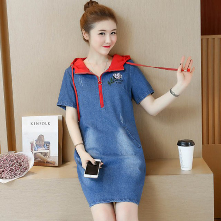 [HCM]Đầm Jean Nữ Thêu Hoa Hồng Kèm Nón Màu