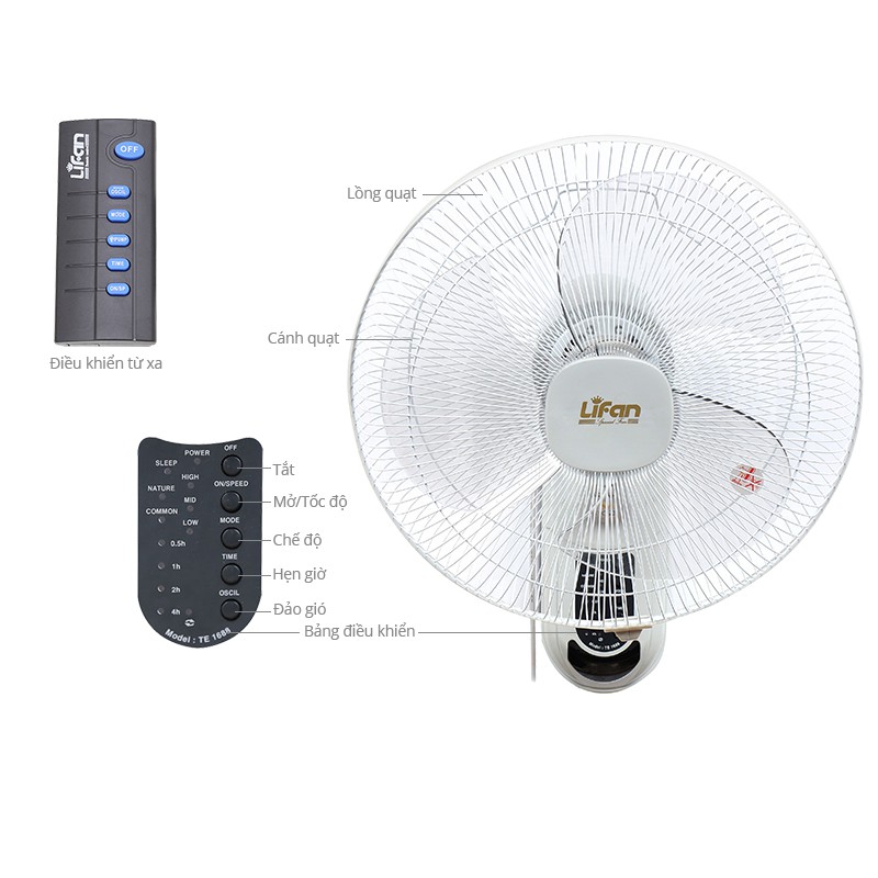 [Màu Ngẫu Nhiên] Quạt Treo Tường Remote (Điều Khiển Từ Xa) Lifan TE-1688 (Cánh 4 Tấc)