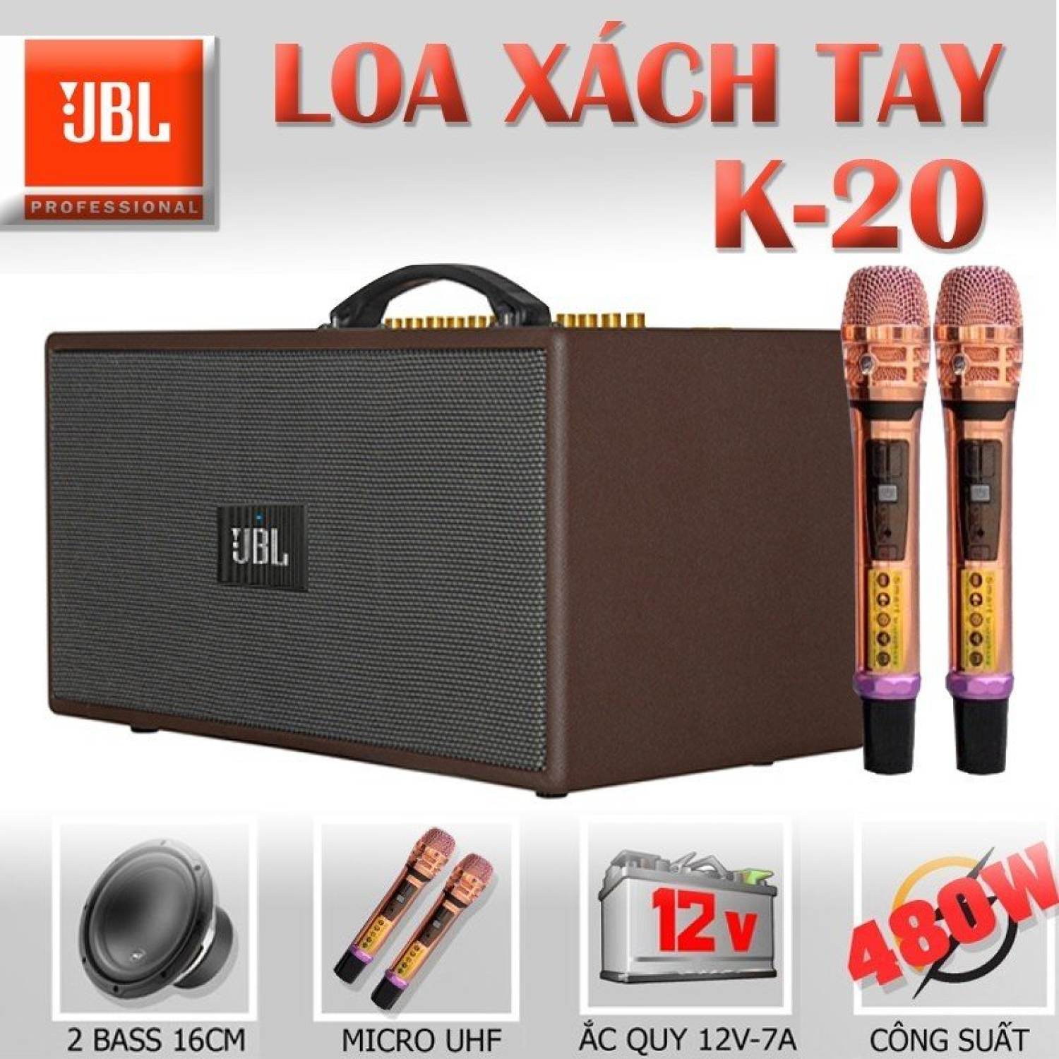 ( KÈM 2 MICRO ) Loa Karaoke JBL SUB Mỹ Siêu Trầm, Loa Di Động Xách Tay JBL K20, Công Suất Cực Lớn 500W, Thiết Kế Loa 2 Bass 18,5cm 1Trung 1Treble Bluetooth 6.0, AUX, USB, Micro IN, Guitar IN Xử Lý Vang Số DSP Echo,Delay, Reverd