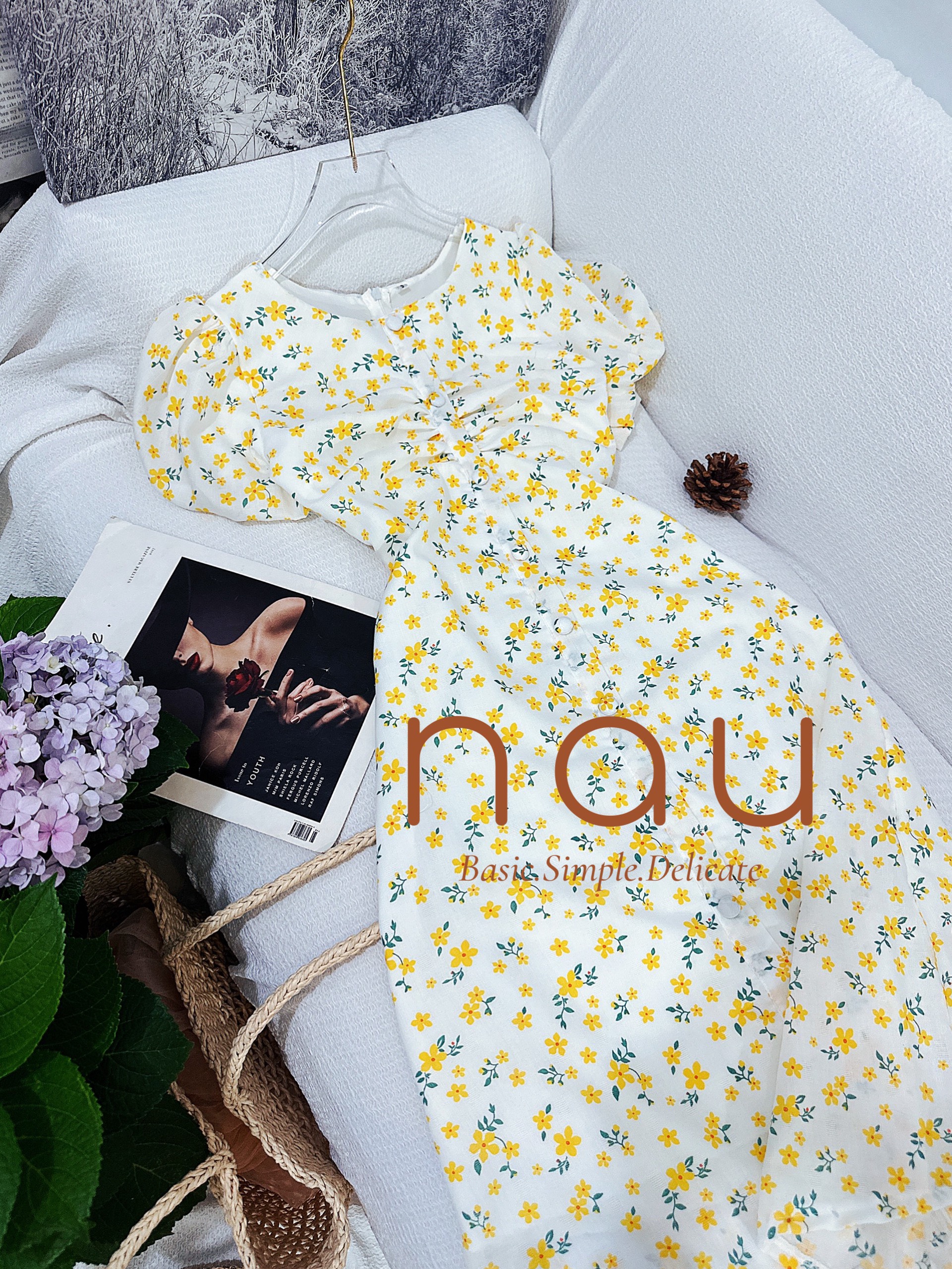 Đầm hoa nút bọc cổ tròn 3 màu