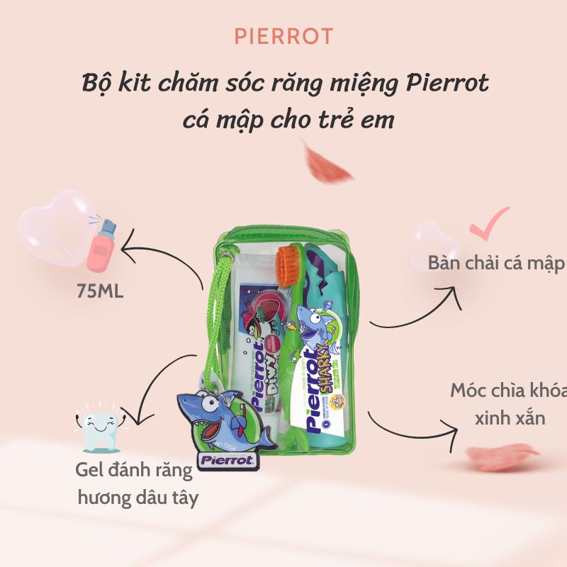 Set Bàn chải đánh răng trẻ em Pierrot SHARKY kèm túi nhựa