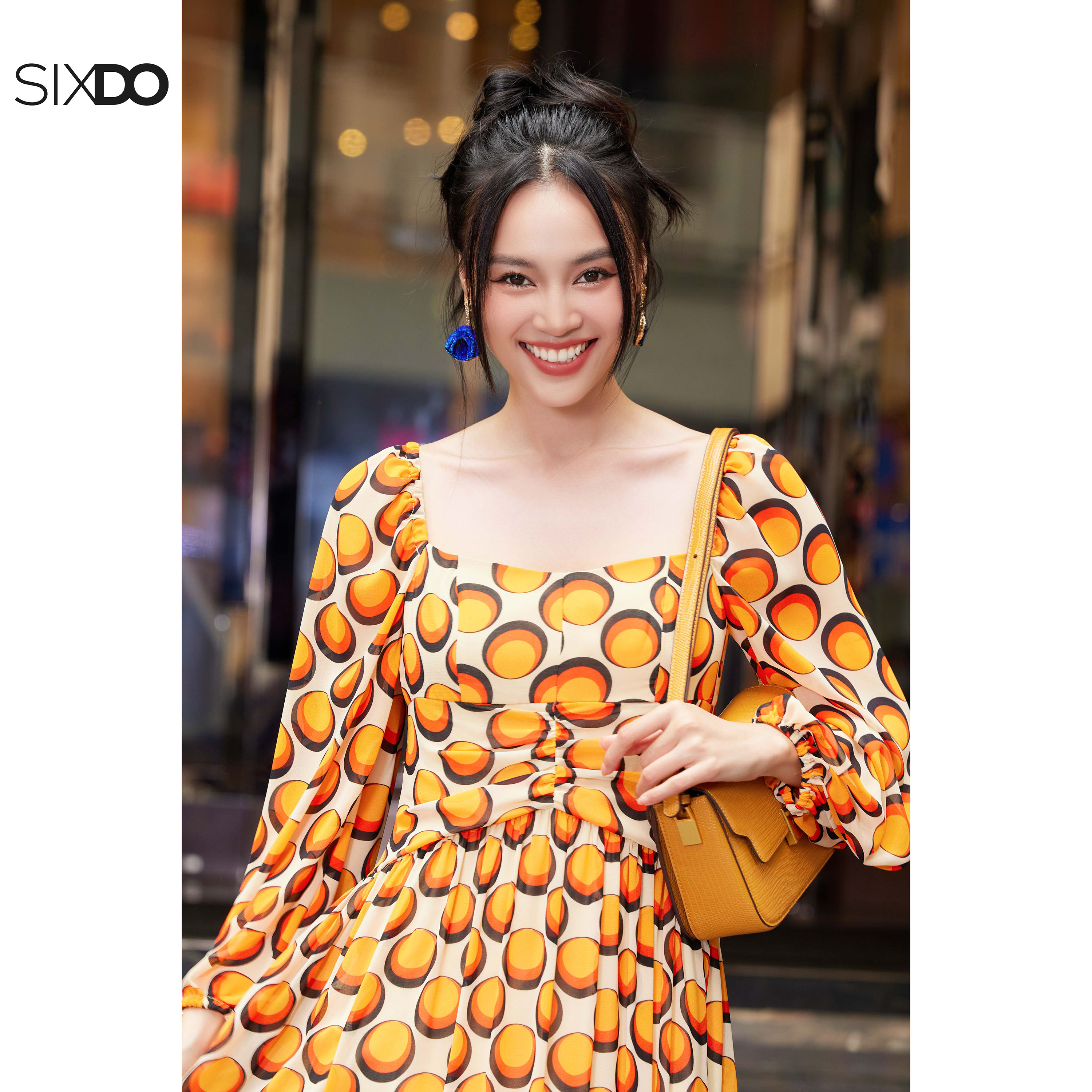 Đầm chiffon chấm bi cổ vuông SIXDO (Cream Polka Dot Midi Chiffon Dress)