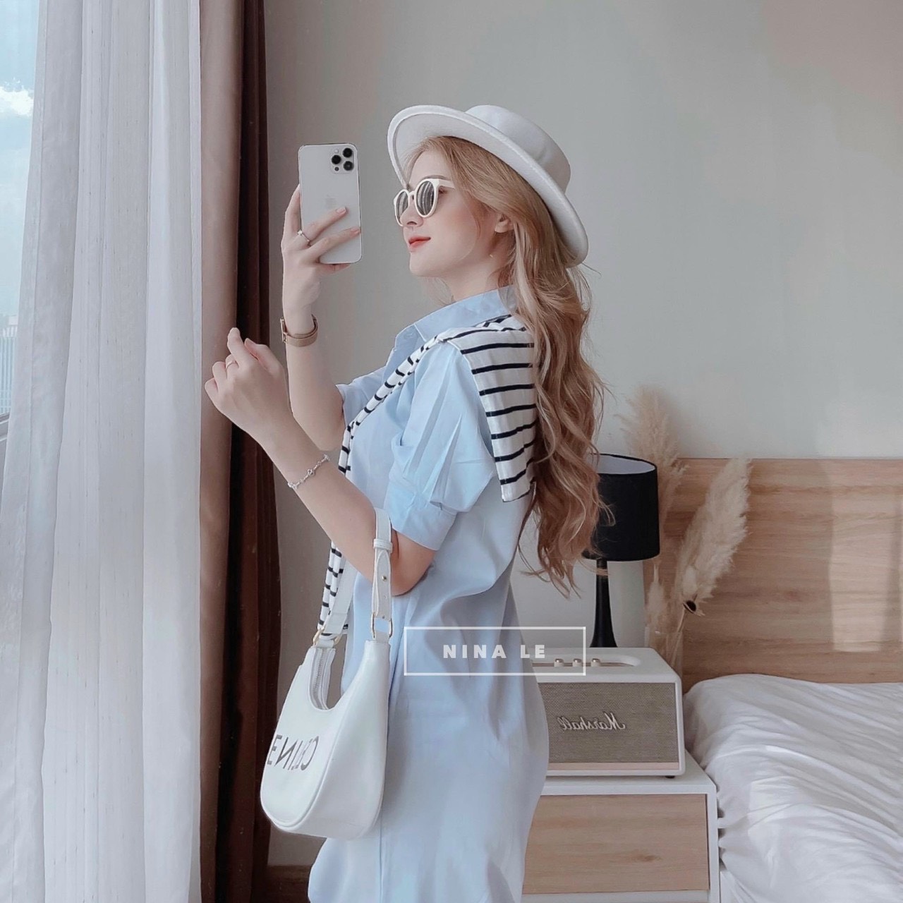 [New Sales 2024] Đầm Suông Xanh Sơ Mi  Lụa Dày Phối Sọc Cổ Áo Giả
