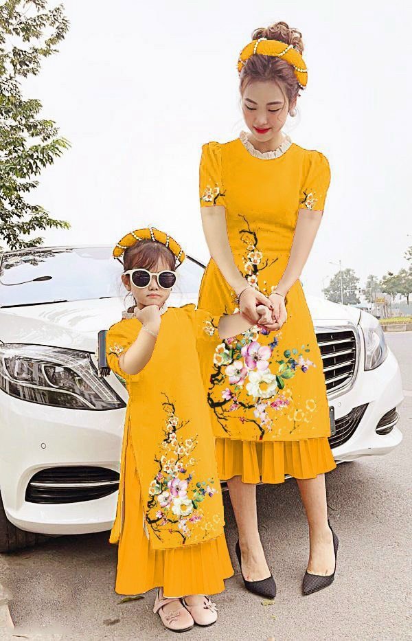 SÉT ÁO DÀI CÁCH TÂN IN HỌA TIẾT CÀNH ĐÀO