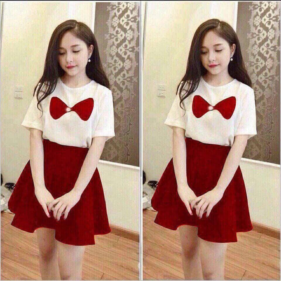 [HCM]Set Chân Váy Kèm Áo Nơ Ulzzang Hàn Quốc