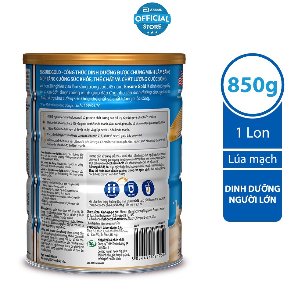DATE Mới Sữa bột Ensure Gold hương lúa mạch 850gr