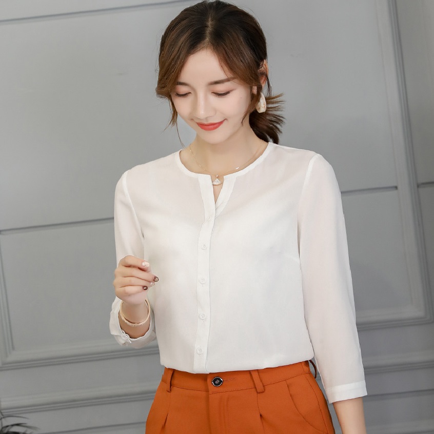Áo sơ mi nữ Công Sở Kiểu Cổ Tròn Tay Lỡ Cài Nút