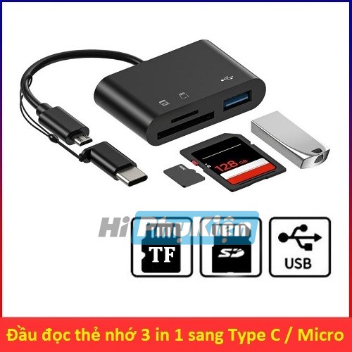 Đầu đọc thẻ nhớ 3 in 1 to OTG cổng Type C / cổng Micro