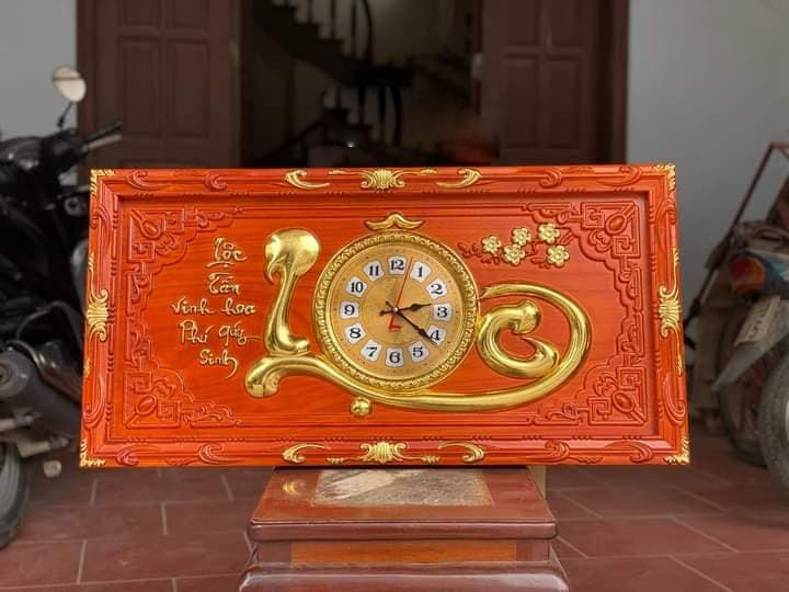 Tranh đồng hồ gỗ Hương đỏ chữ Lộc mạ vàng dày 3cm