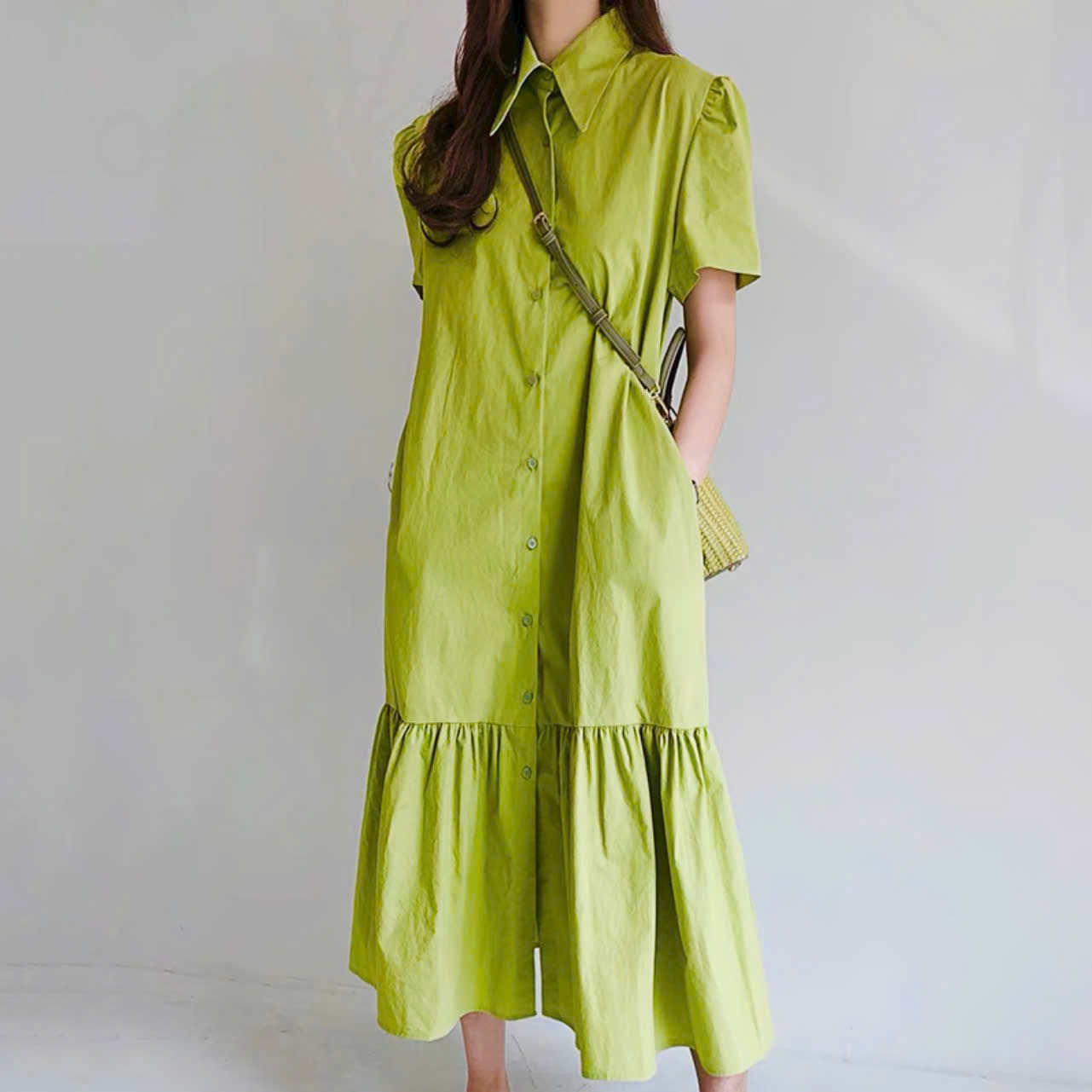 Đầm nữ sơ mi xanh bơ đuôi cá