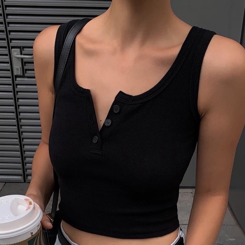 Aó croptop cài nút thun gân cotton co giản 4 chiều