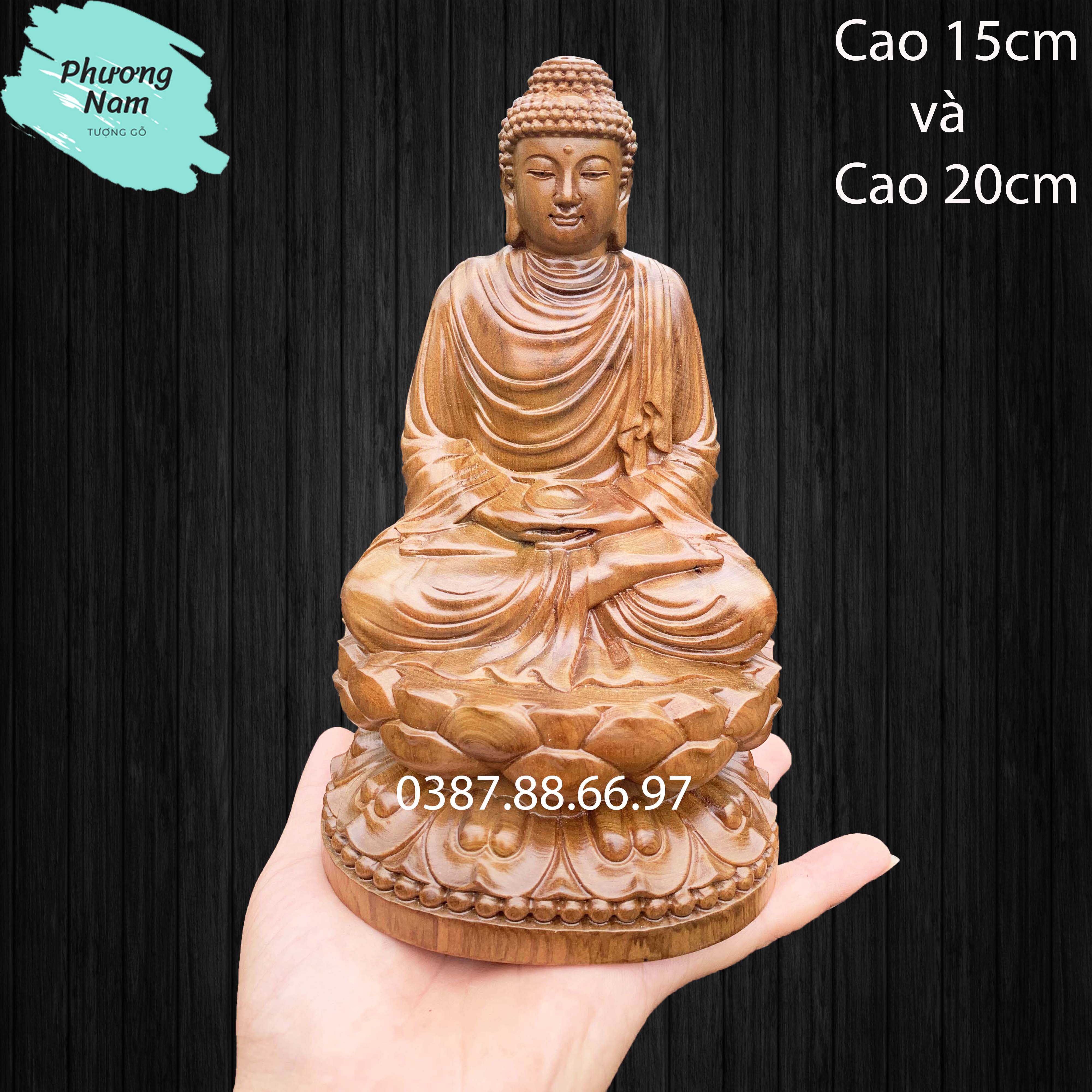 Tượng gỗ phật thích ca cao 15cm và 20cm được làm bằng gỗ bách xanh nguyên khối